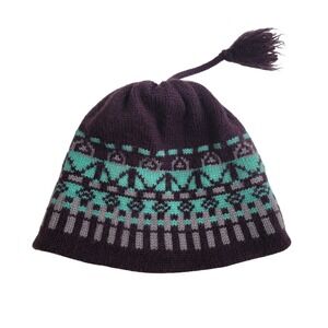 Capello Vintage 100% Wool Beanie Hat Purple Teal Geometric Knit Made‎ in Canada